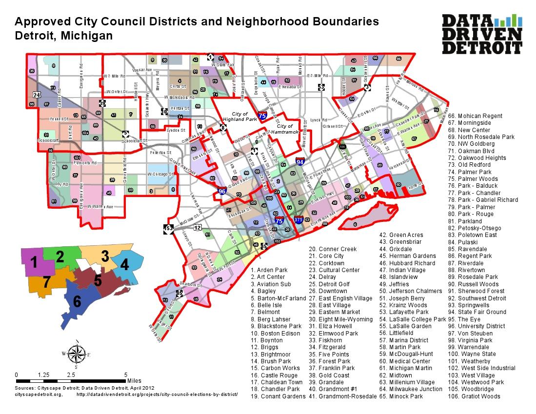 Detroit districte mapa - Districte de Detroit mapa (Michigan - EUA)
